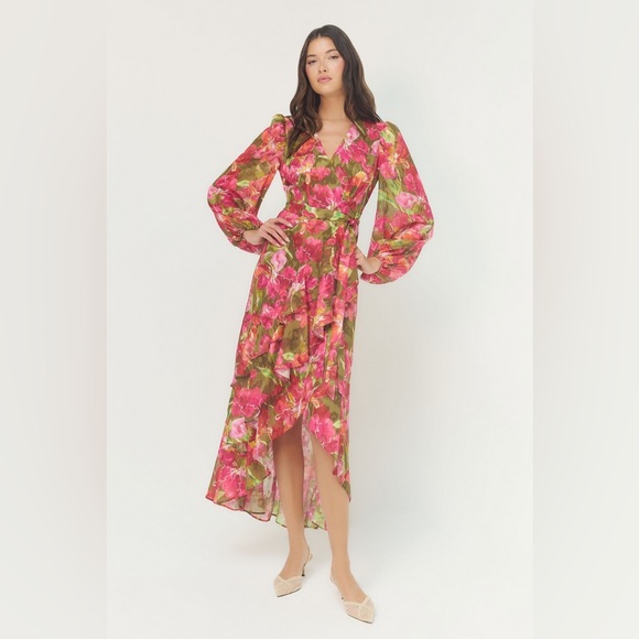 NWT Hutch Sadey Gown in Olive/ Multi Watercolor Vivid Orchids Burnout size Small